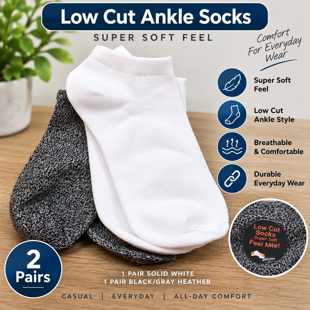 Low Cut Ankle Socks 2 Pairs Super Soft White & Black Gray Heather Everyday Wear
